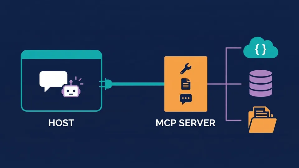 Diagram of an AI host connected through an MCP client to an MCP server, which talks to an API, a database and files