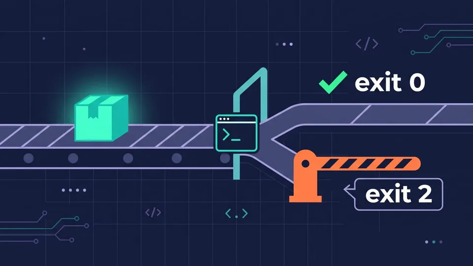 Diagram of a tool call passing through a hook checkpoint, with exit 0 letting it through and exit 2 blocking it and sending a message back