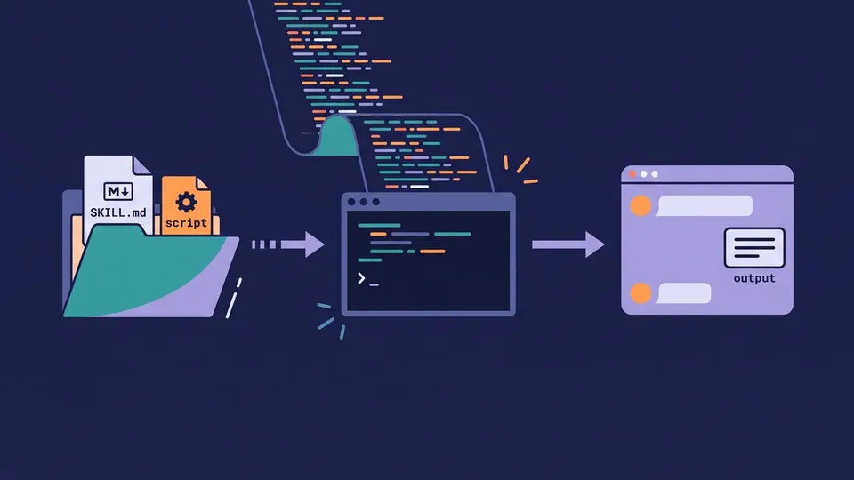 Diagram of a skill folder with a script: the agent runs the script and only the short output goes back into the conversation