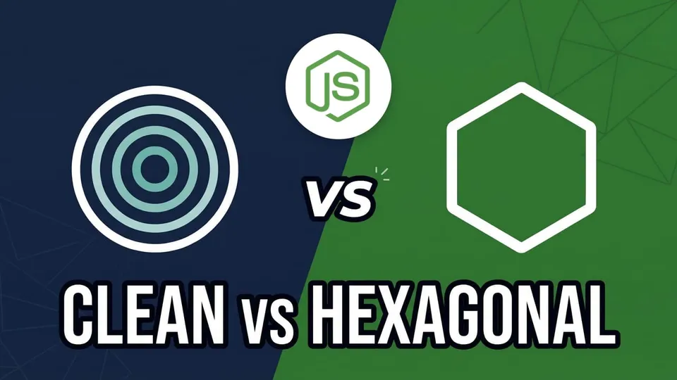 The title Clean vs Hexagonal with concentric circles on a navy background, a hexagon on a green background and the Node.js logo at the top