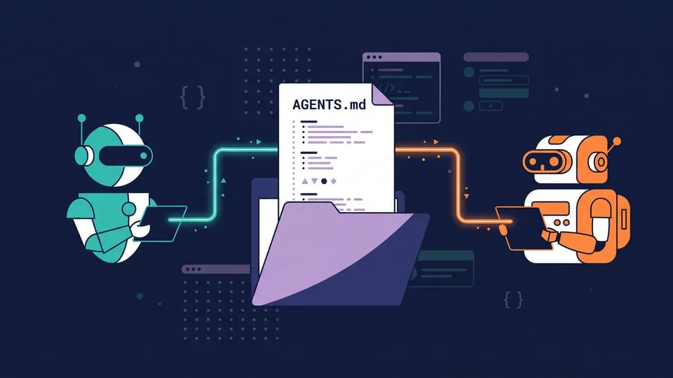 Diagram of one AGENTS.md file in a project folder feeding instructions to two different coding agents