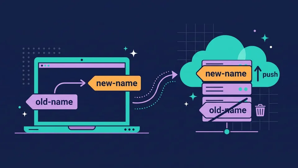 A laptop renames old-name to new-name, then pushes new-name to a server, where old-name is crossed out next to a trash can