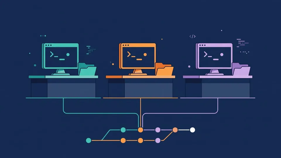 Three terminal windows working at separate desks, each with its own folder, all connected to a single branch graph