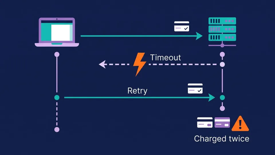 Diagram: a client sends a payment request, the response is lost to a timeout, the client retries and the server charges the card a second time