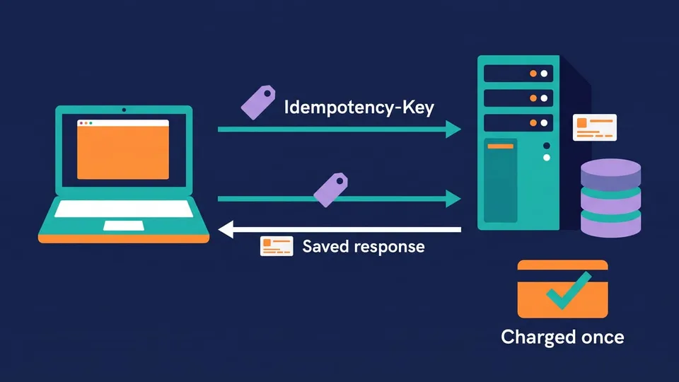 Diagram: the client sends a request with an Idempotency-Key, the server stores the response, and a retry with the same key gets the saved response, so the card is charged once