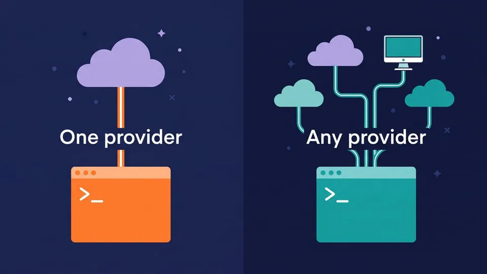 Diagram of one terminal agent connected to a single model provider next to another agent connected to several cloud and local model providers