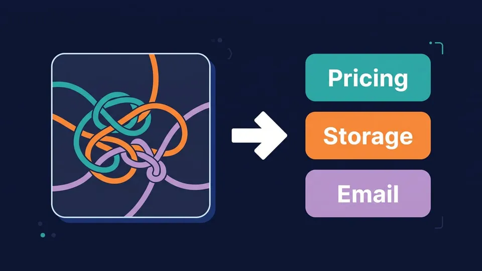 A module with three tangled cables split into three separate modules labeled Pricing, Storage and Email