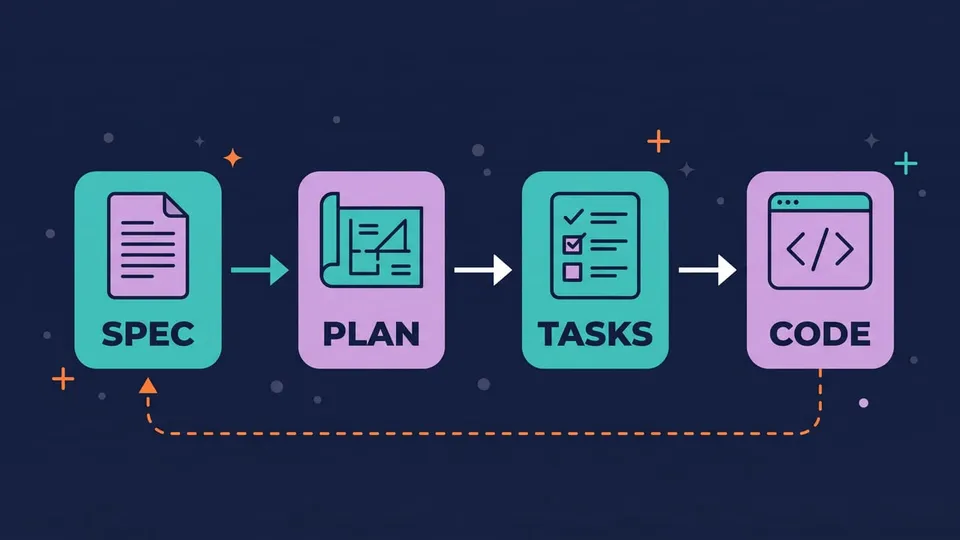 Workflow diagram with four cards, Spec, Plan, Tasks and Code, connected by arrows, and a dashed arrow going back from Code to Spec