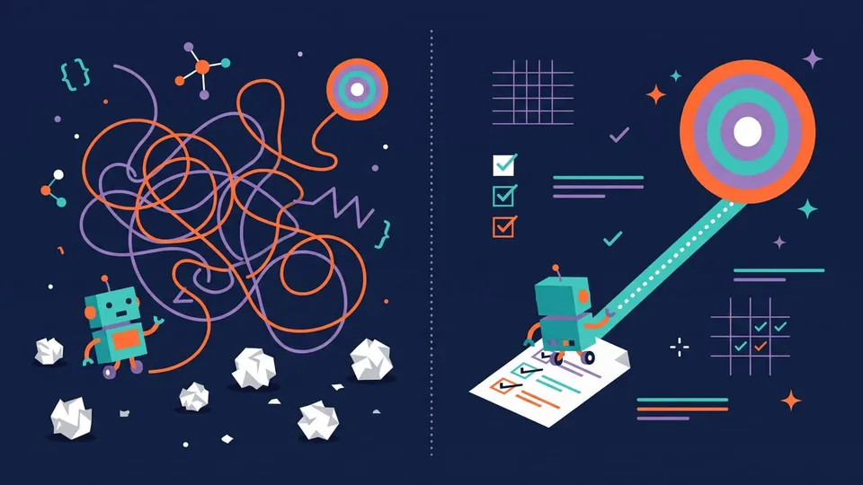 A small robot lost in a tangled path next to the same robot following a straight path from a checklist document to a target