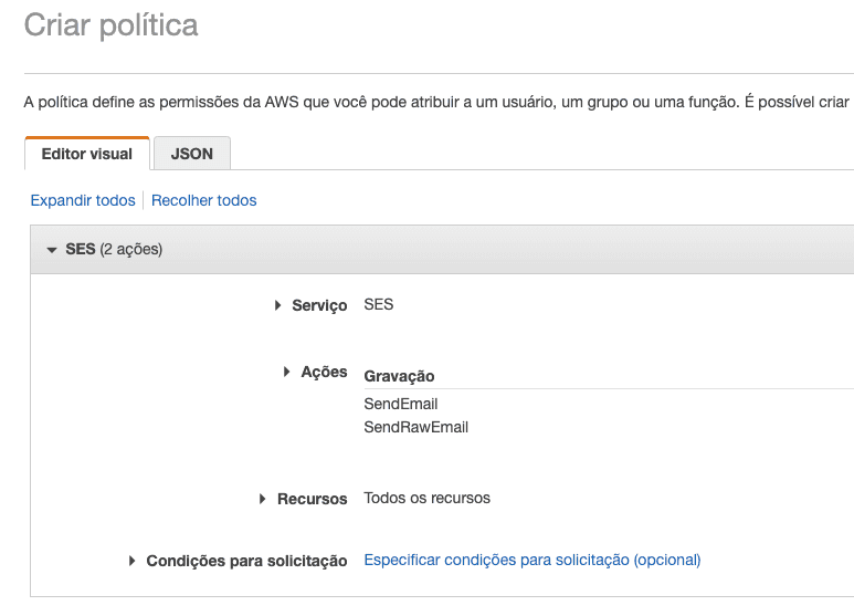 IAM: criando política para permitir envio de e-mails pelo SES