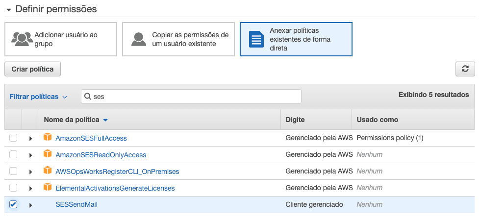 IAM: selecionando a nova política